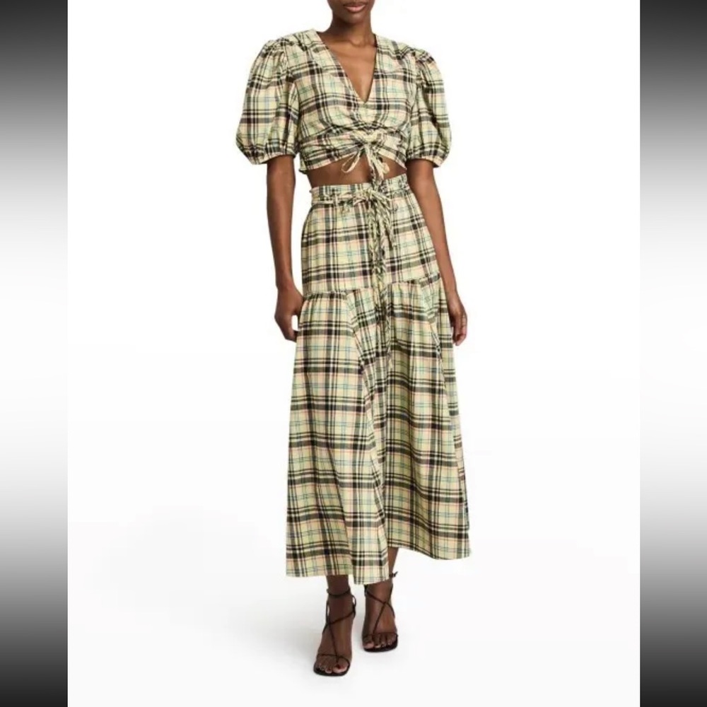 Derek Lam 10 Crosby Milly custom yarn dye plaid tiered maxi midi skirt Sz 0